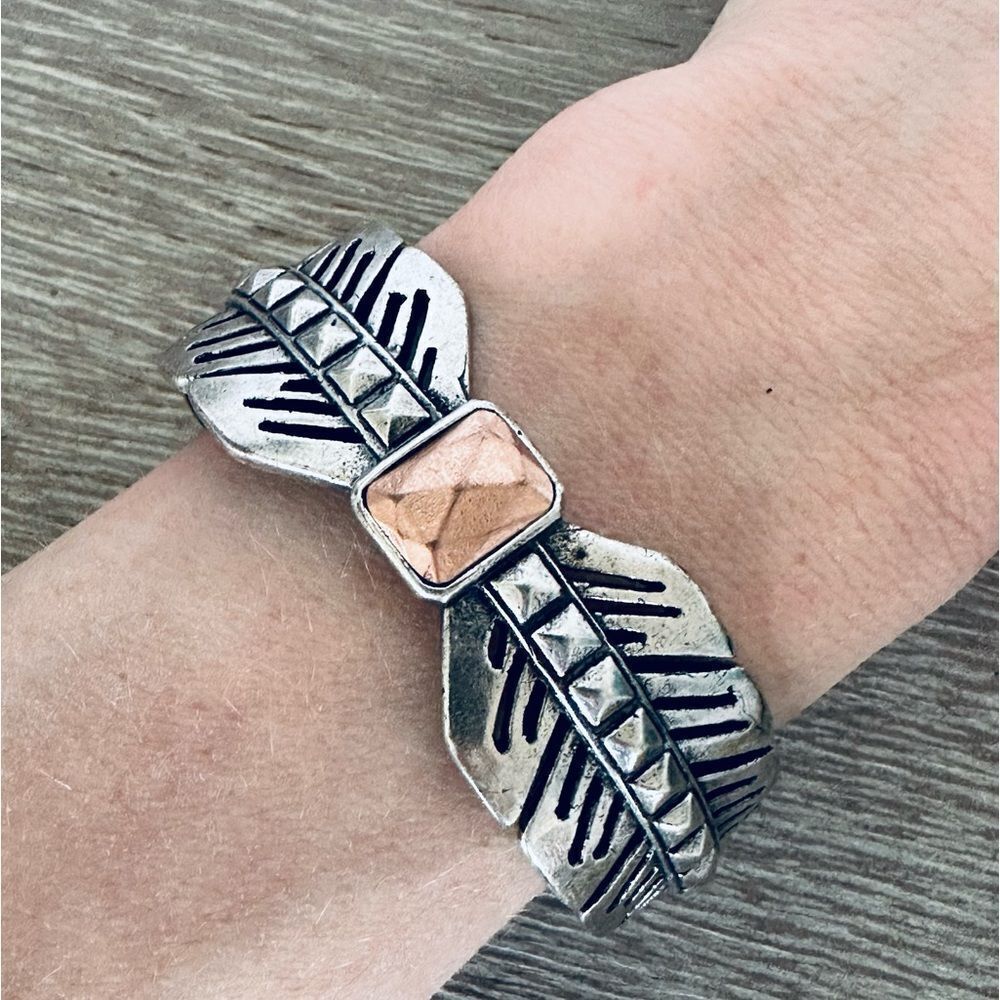 Lucky Brand Silver Feather Boho Cuff Bracelet